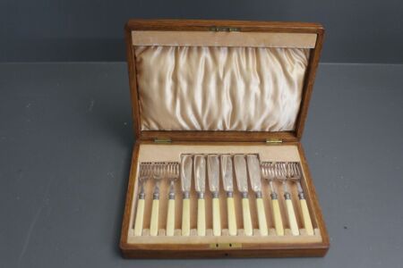 Antique Silk Lined Oak Boxed 6 Place Bone Handled Fish Cutlery Set with Sterling Silver Collars Dating to 1888