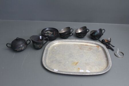 Vintage Chinese Black Lacquer Tea Set on Silver Plate Tray