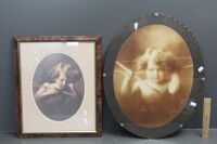 Original 1896 Cupid Awake Print in Vintage Scalloped Edge Oval Frame + Later Cupid Asleep in Timber Frame