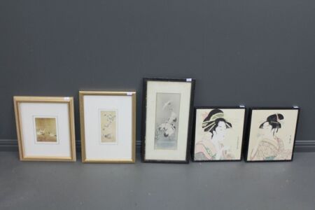 Original Vintage Signed Japanese Watercolour of Cranes + 4 Other Framed Prints inc. Woodblocks
