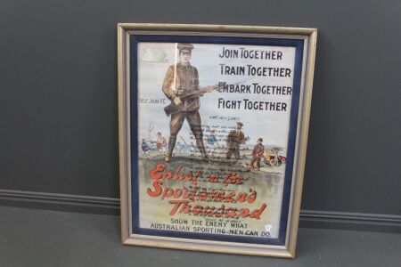 Large Framed Vintage WW1 Poster to Enlist in the Sportsman's Thousand - The Glass Also has The Anzac Poem Transfer Printed on It