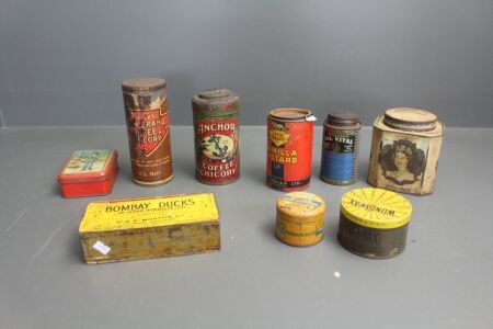 Asstd Lot of Vintage Household Tins - Some Full - Inc Anchor Chicory, Bushells Tea, Fowlers Coffee, Lion Vanilla Custard etc