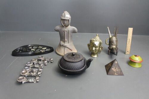 Interesting Asstd Lot of Asian Pieces inc. Brass Buddha's Head, Terracotta Knight, Tea Pot Etc