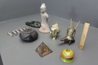 Interesting Asstd Lot of Asian Pieces inc. Brass Buddha's Head, Terracotta Knight, Tea Pot Etc - 2