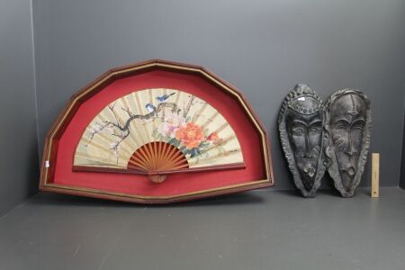 Large Timber Framed Hand Painted Chinese Paper Fan and Large Resin Faces Wall Plaque