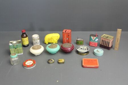 Asstd Lot of Vintage Tins & Dishes inc. Shaving, Singer , HMV and Money Boxes