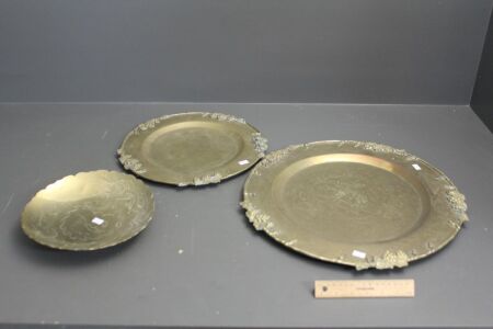 Pair of Large Vintage Graduated Incised Chinese Brass Trays + Another Brass Bowl
