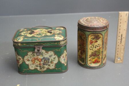 2 x Antique Hinged Lid Tea Tins - 1 Hexagonal with Harvest Designs - No Top Knob - 1 Floral Design