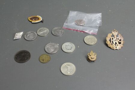 Asstd Lot of Coins and Badges inc. 1701 Geroge III Gaming, Token, 2 Victorian Farthings and Penny + RAF & Naval Badges