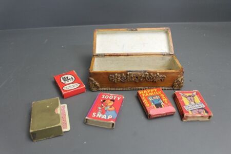 Vintage Timber and Gesso Box (As Is) + Vintage Card Games