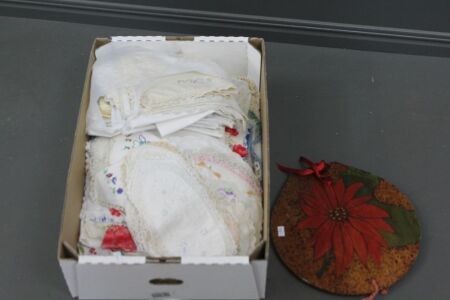 Large Box Lot of Vintage Lace and Linen Doilies and Mats + Pokerwork Doiley Press