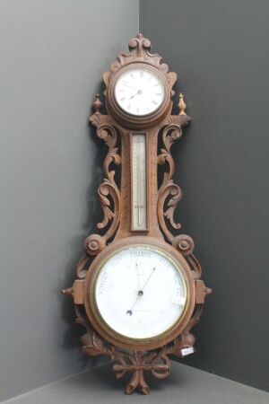 Antique Oak Carved Wall Hanging Barometer with Thermometer and Clock Above Wm Pearce - Stratford on Avon