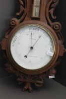 Antique Oak Carved Wall Hanging Barometer with Thermometer and Clock Above Wm Pearce - Stratford on Avon - 2