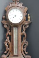 Antique Oak Carved Wall Hanging Barometer with Thermometer and Clock Above Wm Pearce - Stratford on Avon - 3