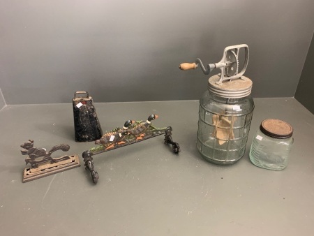 Asstd Lot inc Linko Cow Bell, Cast Iron Stop and Wall Dispenser, Glass Jars and Vintage Butter Churn Lid