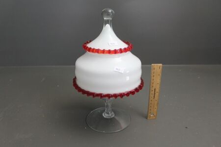 Retro Art Glass Lidded Jar with Red Frill