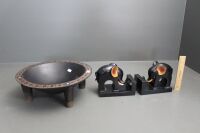 Carved 4 Legged Timber Feast Bowl + Pair of Elephant Bookends