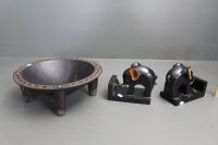Carved 4 Legged Timber Feast Bowl + Pair of Elephant Bookends - 2
