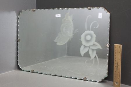 Vintage Scalloped Edge Wall Mirror with Etched Butterfly and Flower Design