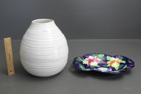 Contemporary Sophie Conran Portmerion Ribbed Vase + Vintage Maling Scalloped Dish (As Is)