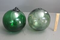 2 x Green Glass Fishing Floats - 1 Marked Portugal