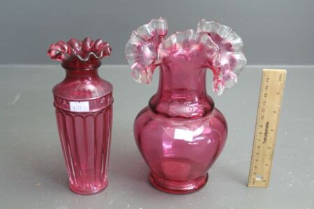 2 x Vintage Frill Topped Cranberry Glass Vases