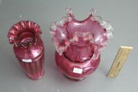 2 x Vintage Frill Topped Cranberry Glass Vases - 2