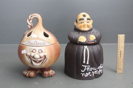Large Ceramic Monk Cookie Jar and Mrs Onion Pottery Sroage Pot