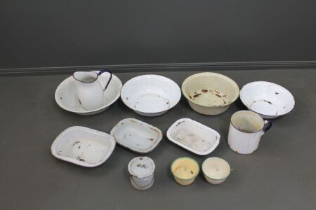 Lot of Asstd Vintage Enamel inc 6 x Bowls / Basins, Jug, Trays etc