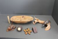 Asstd Lot of Carved Timber Items inc 2 Clocks, Platypus Sculpture Etc