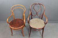 Pair of Antique Bentwood Carver Chairs - 1 With Original Pressed Timber Art Nouveau Orchid Seat