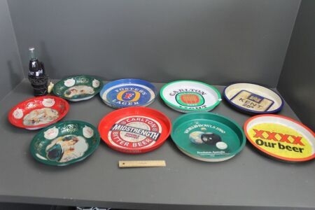 Lot of Asstd Tin Beer Trays + Coca Cola Trays and Coke Novelty Wall Phone