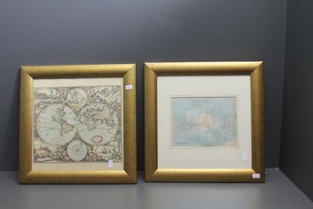 Gilt Framed Antique Lithograph Map of Antartica & Surrounds + Gilt Framed New World Print - App. 365mm Sq