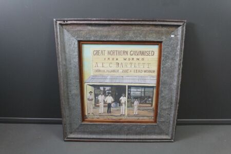 Large Original Oil on Board Great Northern Galvanising Works - Charters Towers by Graham Winter Framed in Old Galvanised Tin