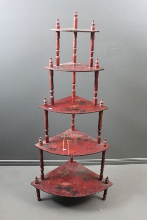 Antique 5 Tier Red Lacquer and Hand Painted with Asian Design Corner Whatnot