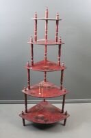 Antique 5 Tier Red Lacquer and Hand Painted with Asian Design Corner Whatnot