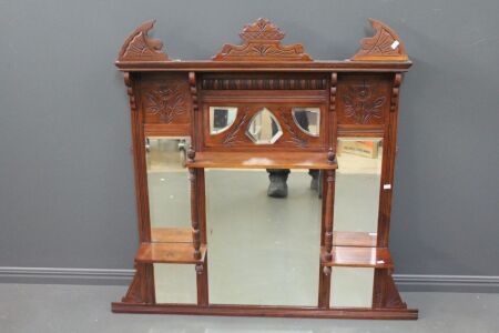 Antique Mahogany Wall Hanging Shelves with Bevelled Glass Mirrors