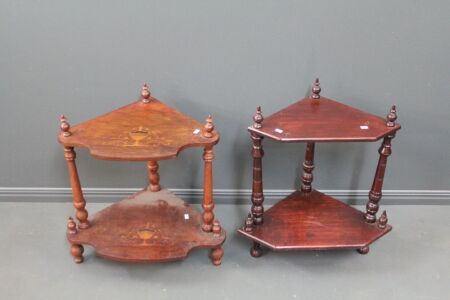 1 Antique + 1 Vintage - 2 Tier Corner Whatnots - Older with Marquetry Inlay on Both Shelves