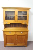 Antique Kauri Pine 2 Door Meat Safe Hutch with 2 Drawer 2 Glazed Door Top