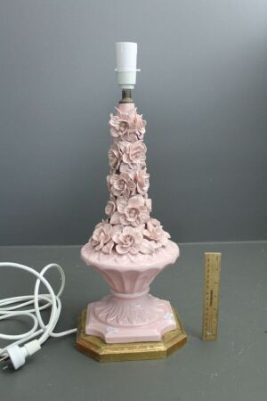 C1970's Large Pink Ceramic Table Lamp Stand on Gilt Timber Base