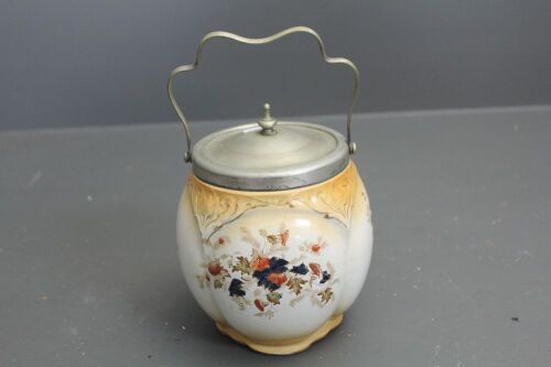 Antique Ceramic Tea Caddy / Biscuit Barrel with Silver Plate Mounts