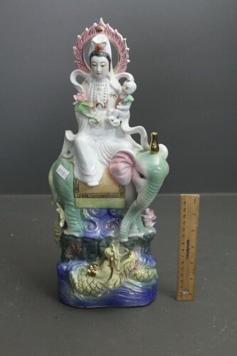 Contemporary Large Ceramic Statue of Guan Yin, Child, Elephant and Sea Dragon