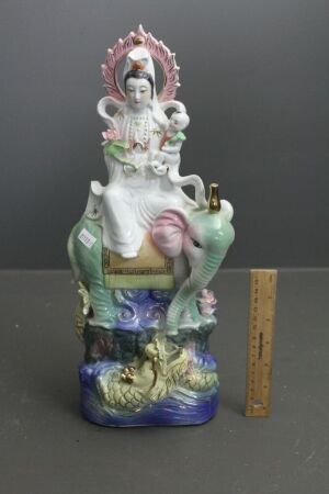 Contemporary Large Ceramic Statue of Guan Yin, Child, Elephant and Sea Dragon