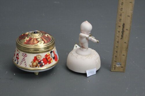 2 x Small Ceramic Musical Boxes - Kewpie + Nutcracker