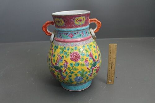 Large Canton Enamel 2 Handled Jar / Vase - Marked to Base