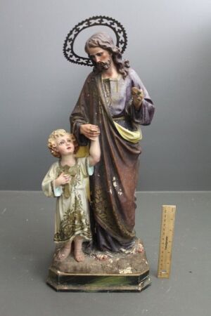 Large Antique Hand Painted Italian Gesso Statue of Jesus and Child on Painted Timber Base
