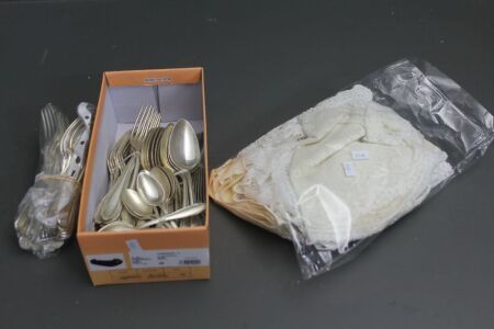 Collection of Vintage Silver Plated Cutlery, Lace Doilies, Mats Etc