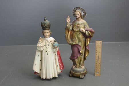 Vintage Hand Painted Ceramic Jesus Sacred Heart Statue + Jesus Child of Praque Plaster Figure