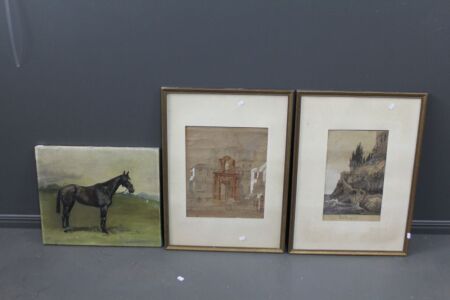 2 x Vintage Framed Original European Paintings - 1 Pencil and Wash 1 Charcoal