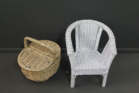 White Painted Childs Woven Cane Chair + 2 Lidded Wicker Picnic Basket